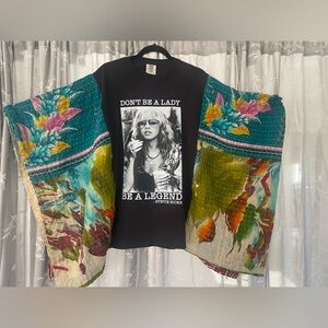 Stevie Nicks Fleetwood Mac Graphic Tee Poncho Style with Colorful Kantha Sleeves